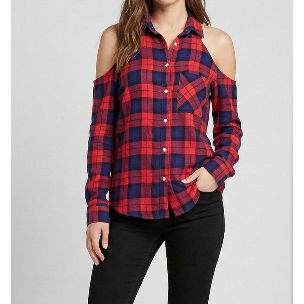 Seven Sisters Womens Cold Shoulder Blouse Large Red & Blue Plaid Long Sleeve Top